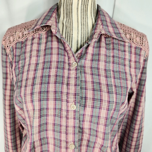 Route 66 Multi Plaid Pink Lace Shoulders Long Sleeve Button Down Top Sz XLarge - Picture 2 of 10